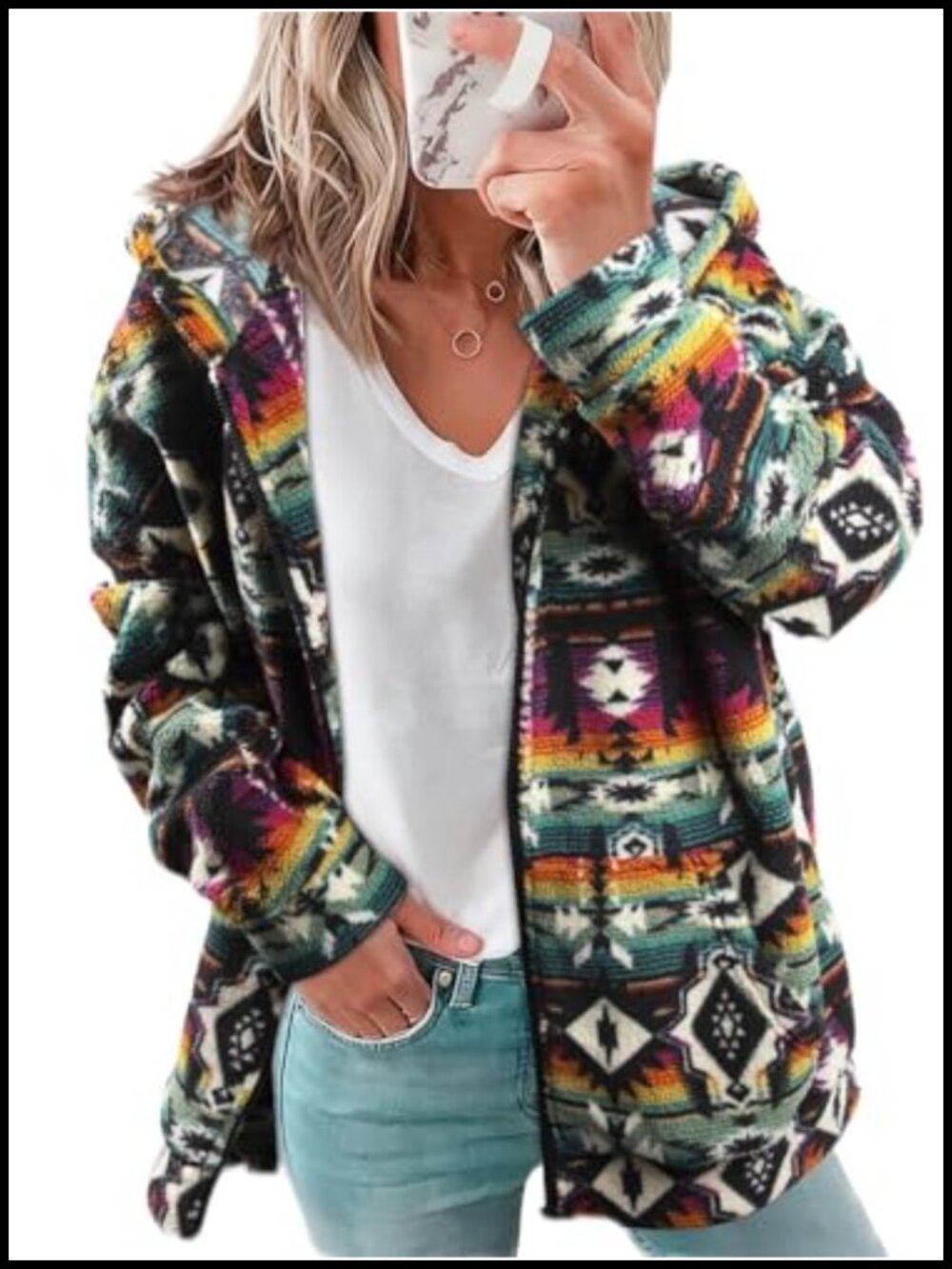 Western Aztec Print Sherpa Fleece Zip Up Hoodie Sweatshirt